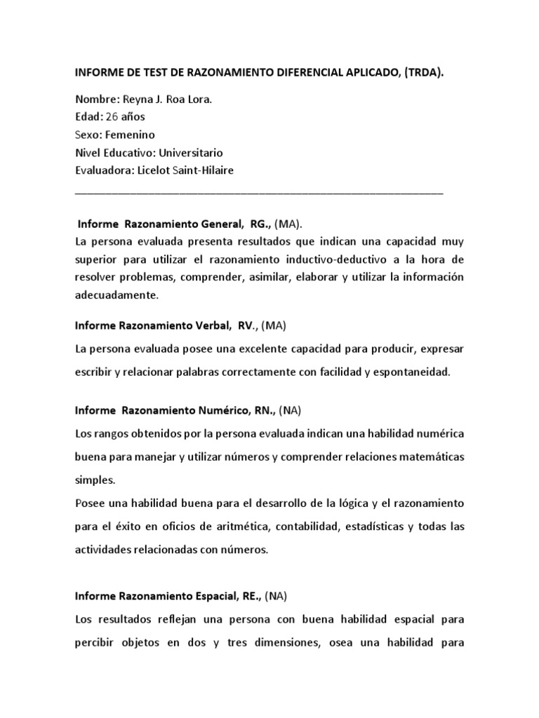 Informe del Test TRDA: Resultados y Análisis | PDF | Salud y bienestar ...