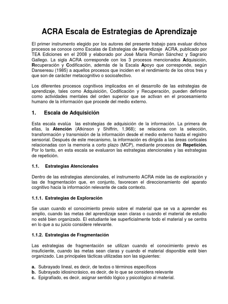 ACRA: Estrategias de Aprendizaje Efectivas | PDF | Aprendizaje ...