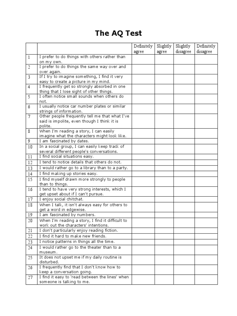 Autism Quotient Test For Parents