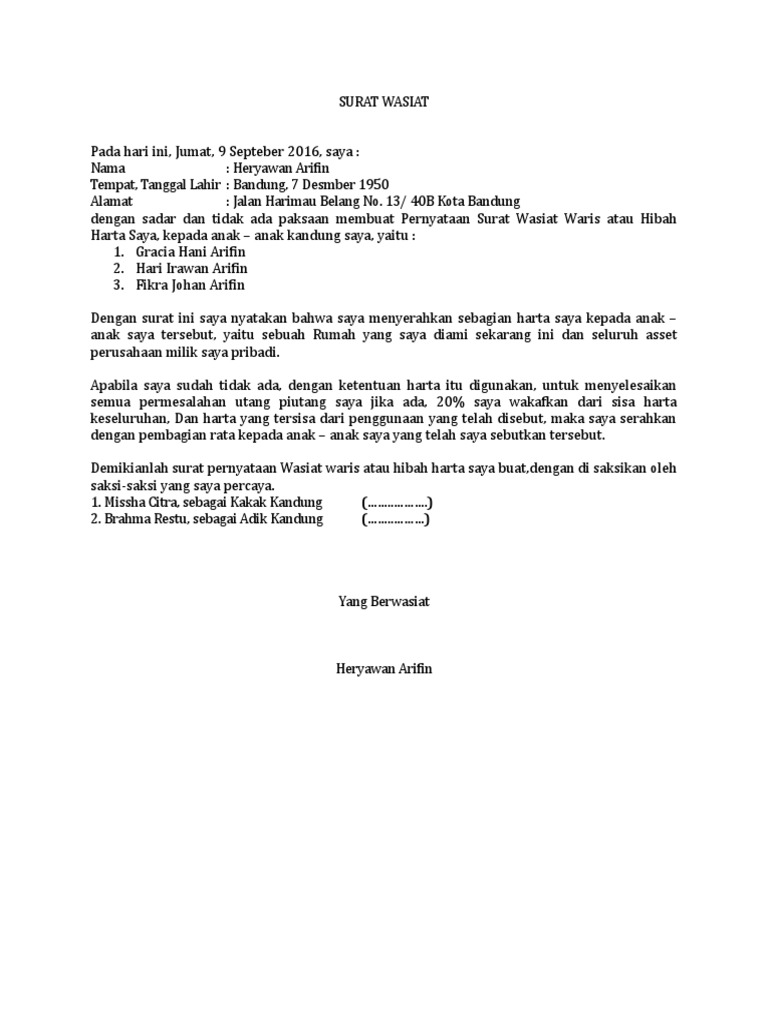 Contoh Surat Wasiat Tanpa Notaris Format Sederhana