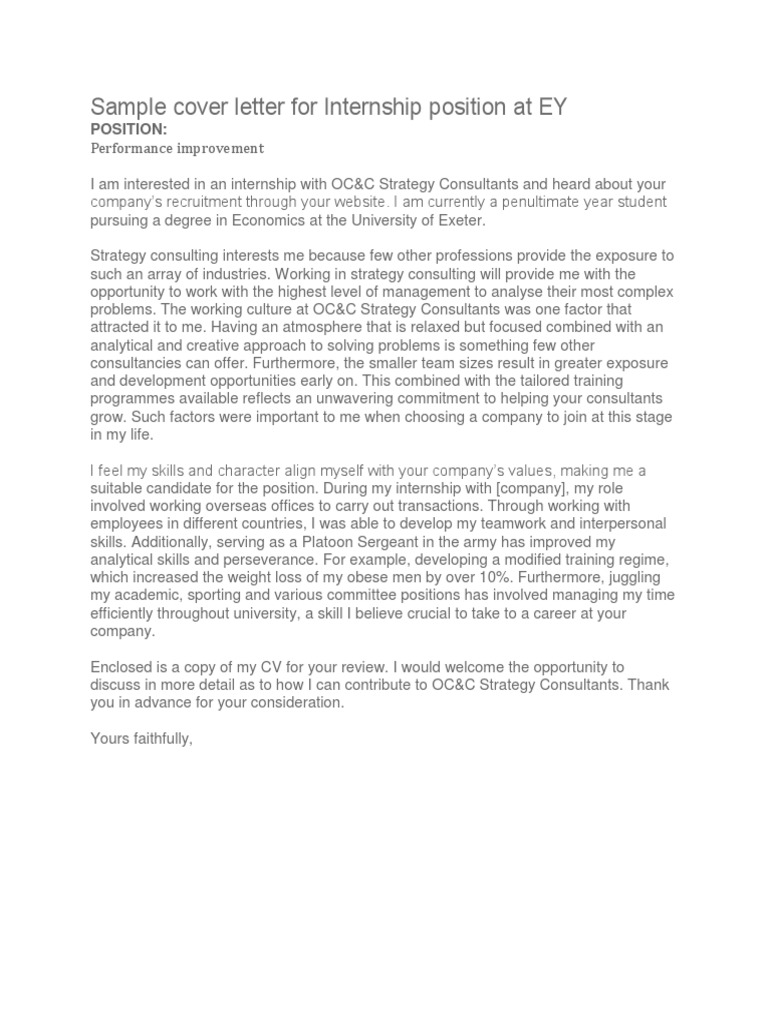 Cover Letter for EY Internship Position | PDF | Career & Growth