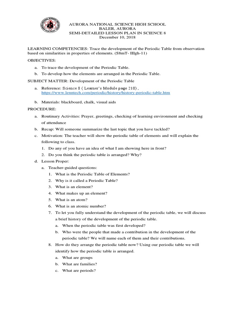 Lesson Plan Docx Periodic Table Chemical Elements
