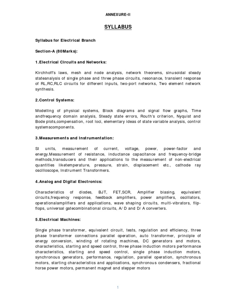 Syllabus Syllabus For Electrical Branch SectionA (80marks) 1
