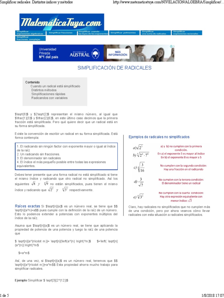 Simplificacion De Radicales Pdf Fracción Matemáticas Exponenciación