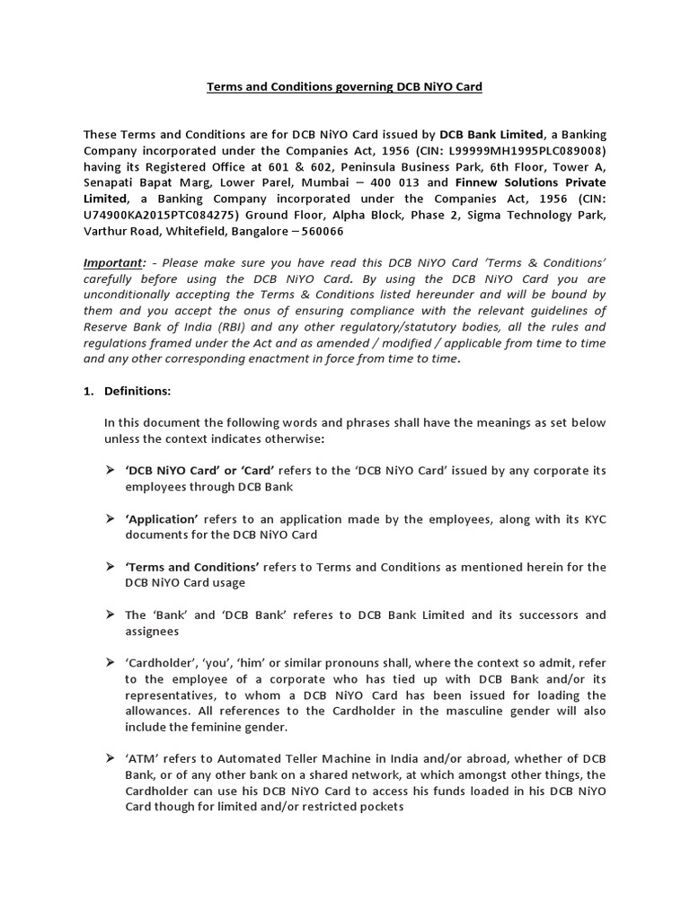 DCB NiYO Card Terms and Conditions | PDF | Credit Card | Debit Card