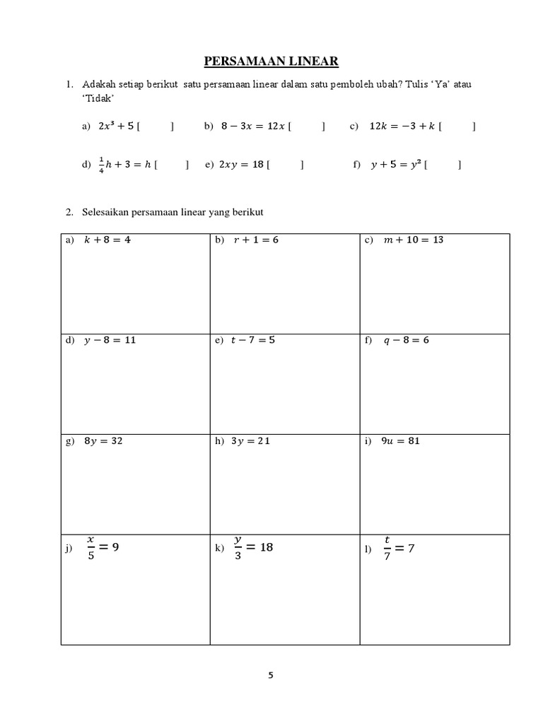 Soalan Latihan Persamaan Linear Tingkatan 1  Wowolupitud