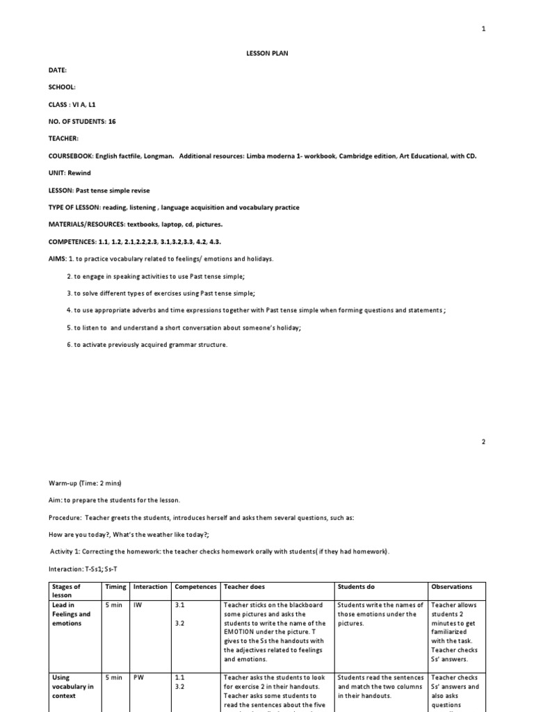 Lesson Plan l1 6th Grade Inspectie Grad | PDF | Lesson Plan | Human ...