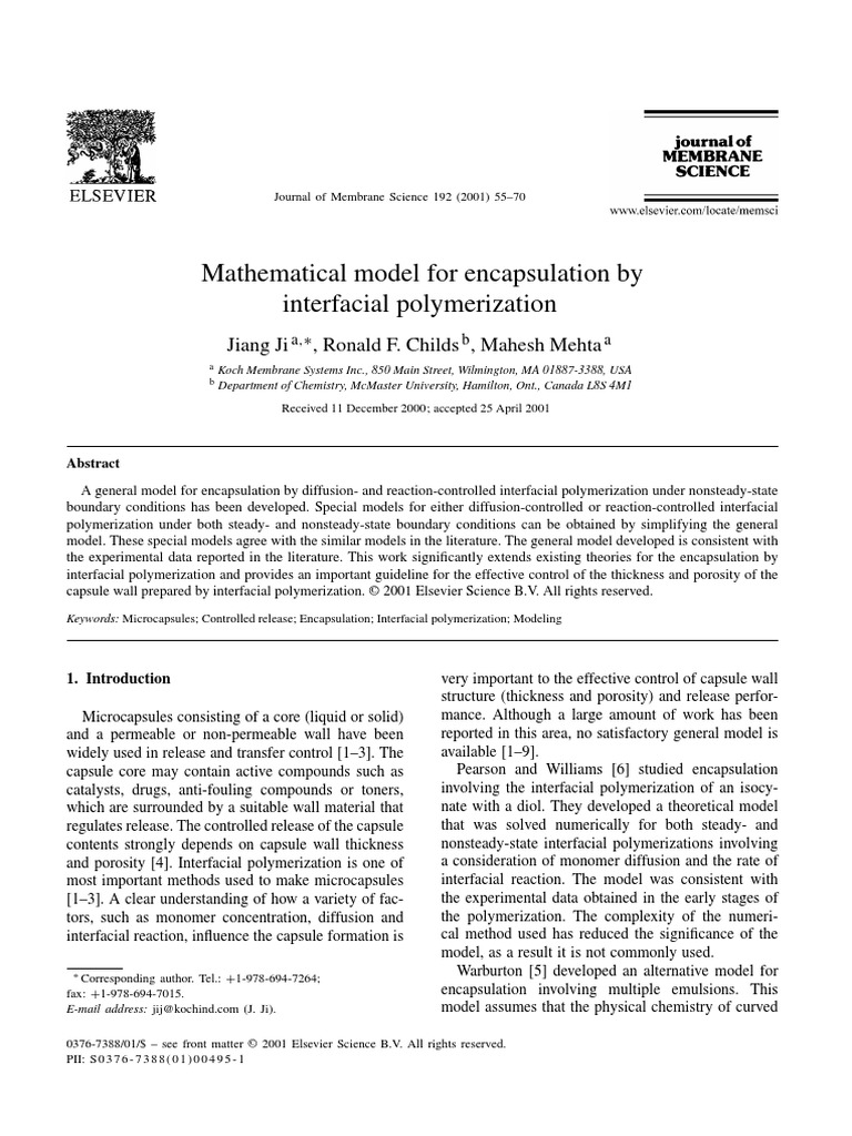Mathematical Model For Encapsulation by Interfacial Polymerization ...