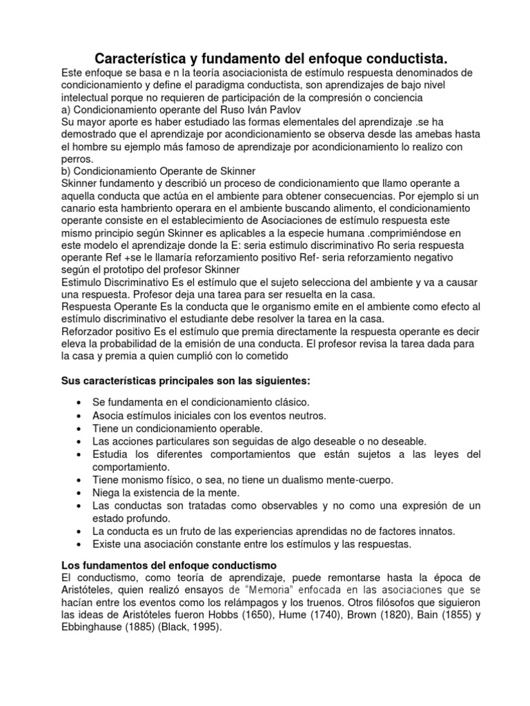 Característica y Fundamento Del Enfoque Conductista | PDF | Psicología  cognitiva | Acción (filosofía)