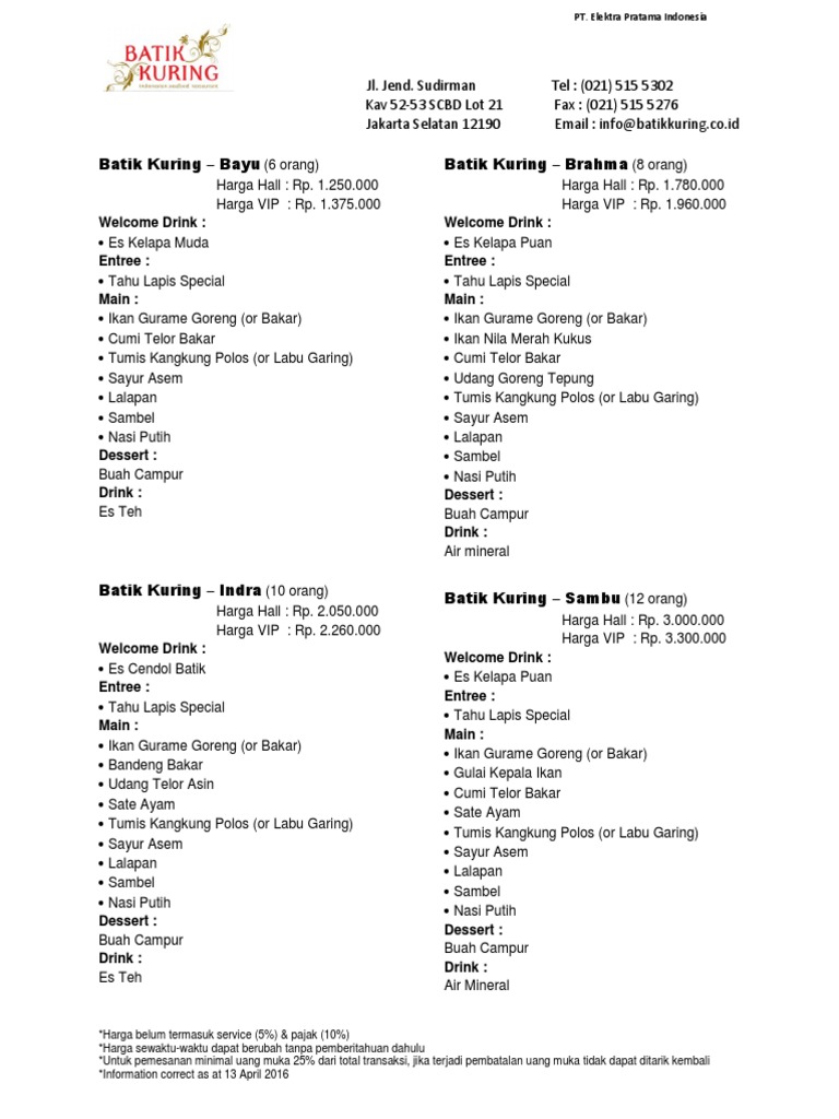 Menu dan Harga Batik Kuring SCBD | PDF