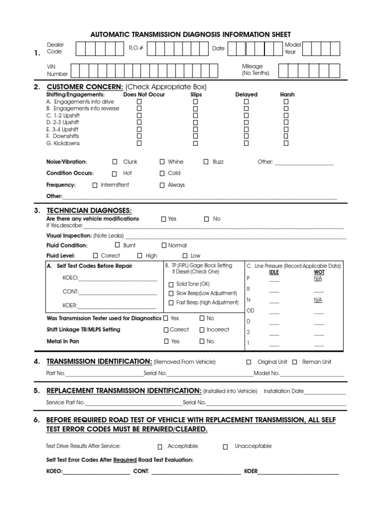 Automatic Transmission Diagnosis Information Sheet PDF