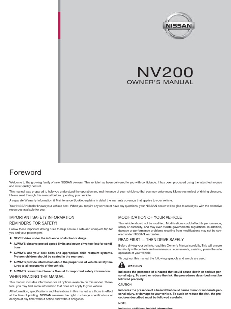 Nissan NV200 Owner's Manual Overview | PDF | Seat Belt | Airbag