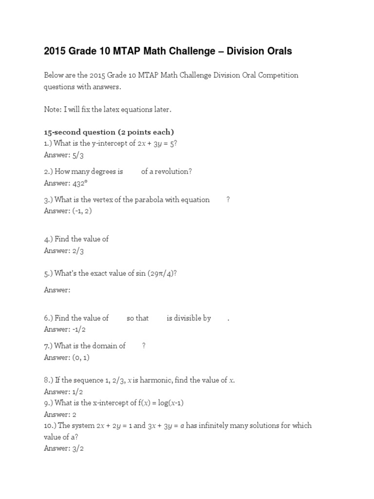 2015 Grade 10 MTAP Math Challenge | PDF