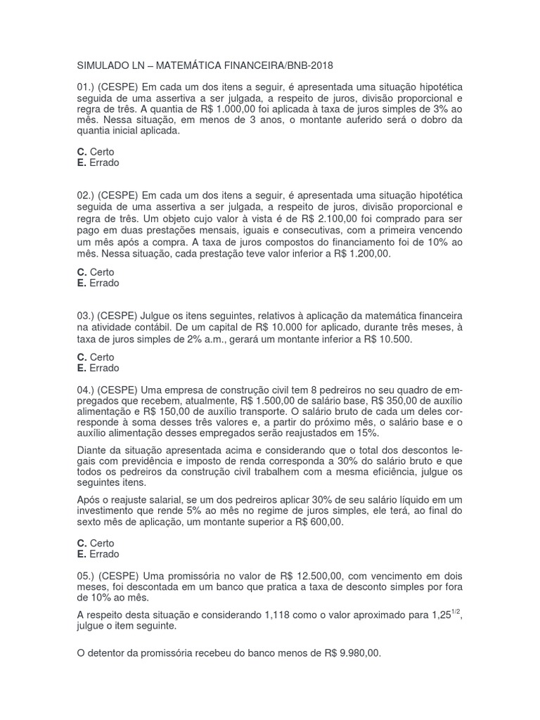 Simulado - 01 BNB Mat Fin PDF | PDF | Factoring (fomento mercantil ou ...