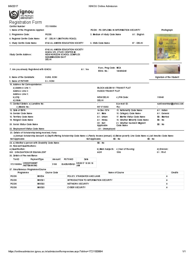 IGNOU Online Admission for Post Graduate on Information Security