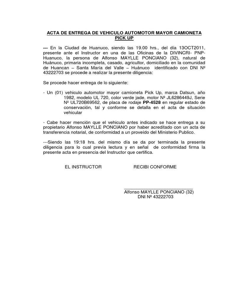 Acta de Entrega de Vehiculo PDF