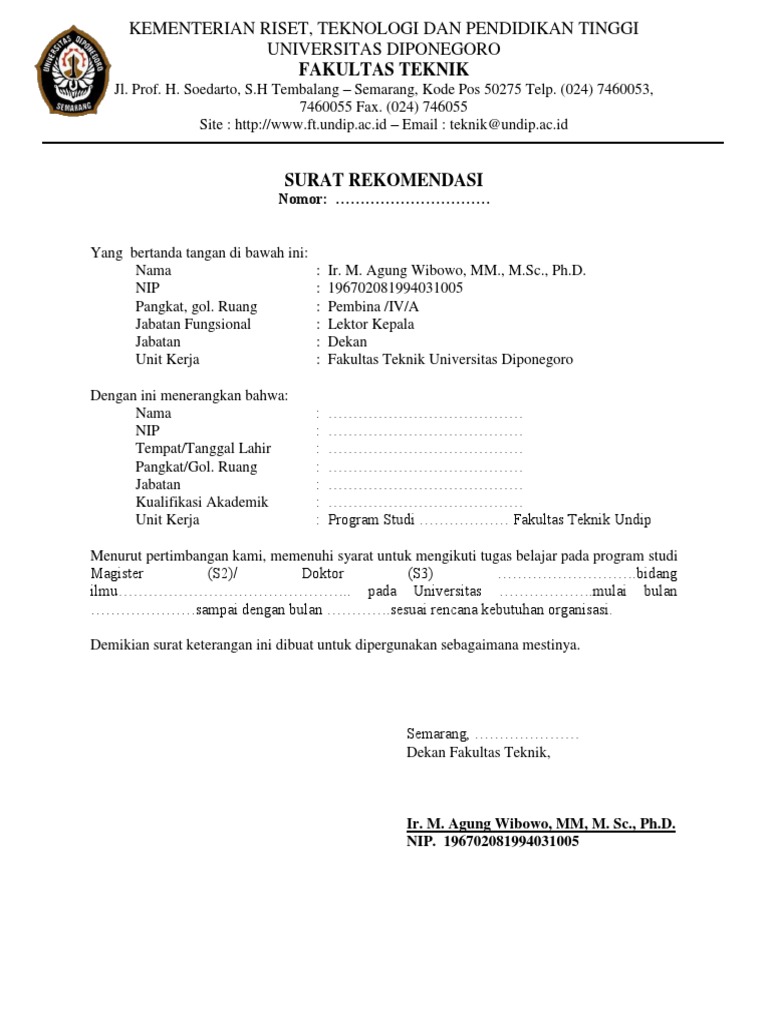 Surat Rekomendasi Tugas Belajar S2 S3