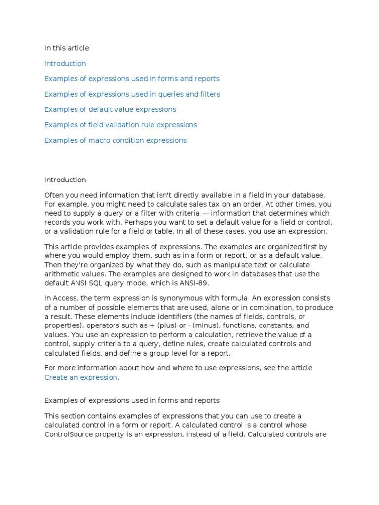 Expressions in Access: Formulas and Functions for Calculations and ...