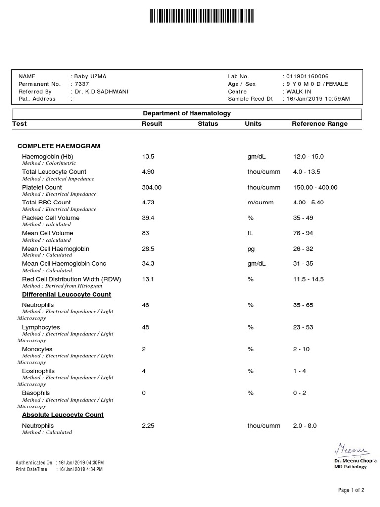 Pediatric Haemogram Results | PDF | White Blood Cell | Immunology