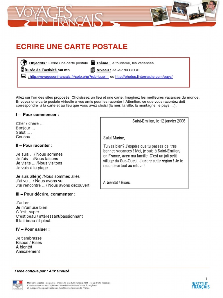A1 Voyages En Francais Ecrire Une Carte Postale Pdf