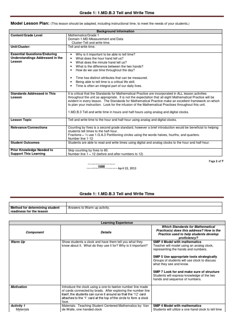 Teaching Time: Grade 1 Lesson Plan | PDF | Clock | Time