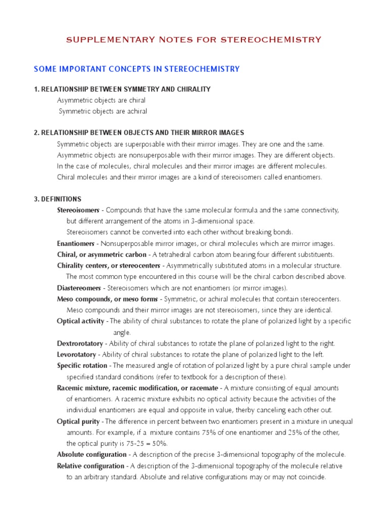 Supplementary Notes For Stereochemistry: Some Important Concepts in ...