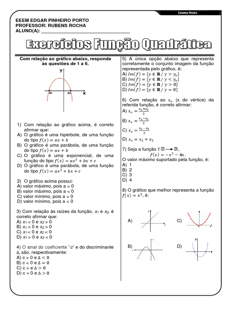 Exercício Função Quadrática 2018 | PDF | Função (Matemática) | Funções ...