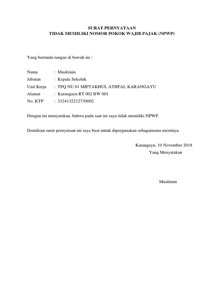 Surat Pernyataan Tidak Punya Npwp