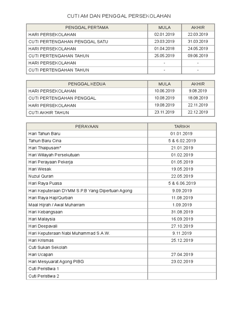 Cuti Am & Penggal Persekolahan 2019  PDF