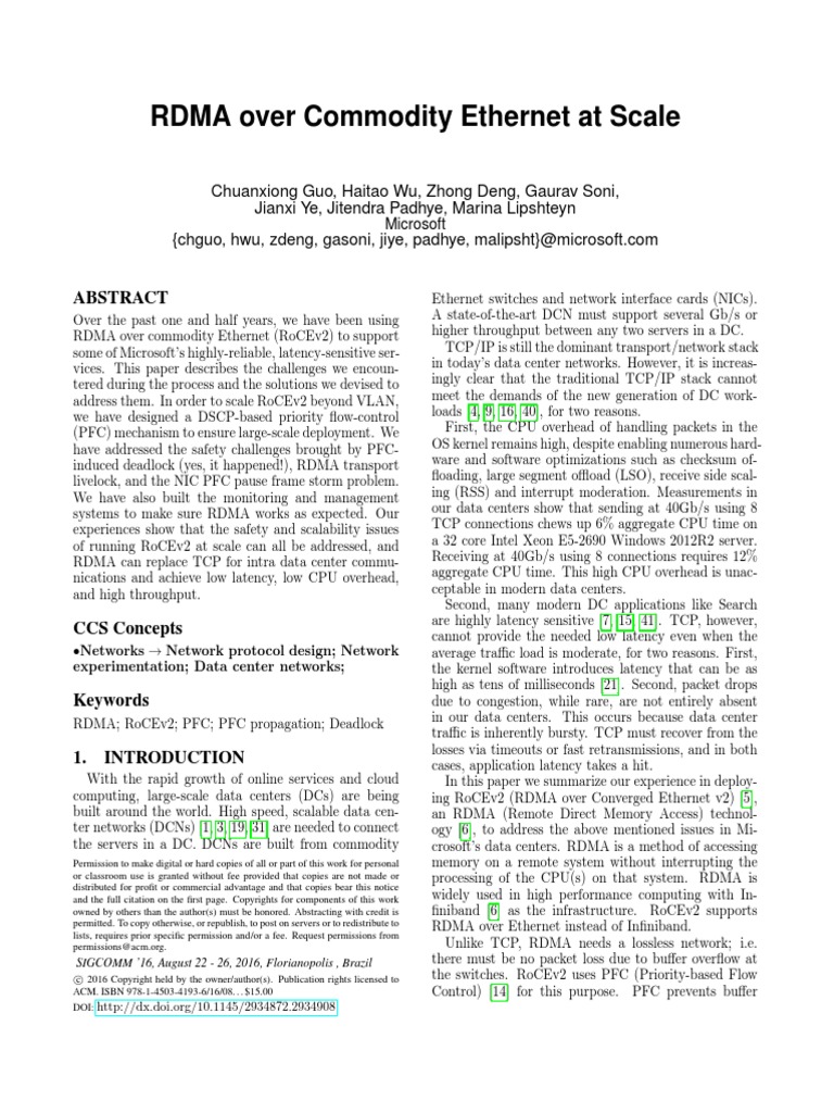 RDMA Over Commodity at Scale PDF Computer Network