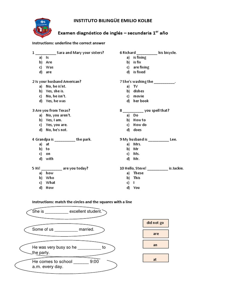 Examen Diagnostico de Ingles Secundaria | PDF