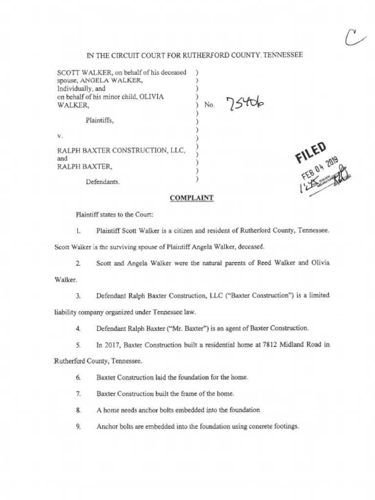 Scott Walker, Et Al Vs Ralph Baxter Construction LLC and Ralph Baxter PDF