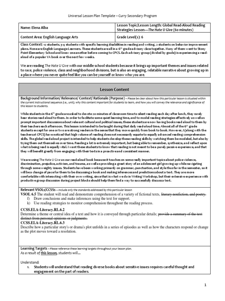 Alba - Secondary Lesson Plan - Reading - Final | PDF | Educational ...