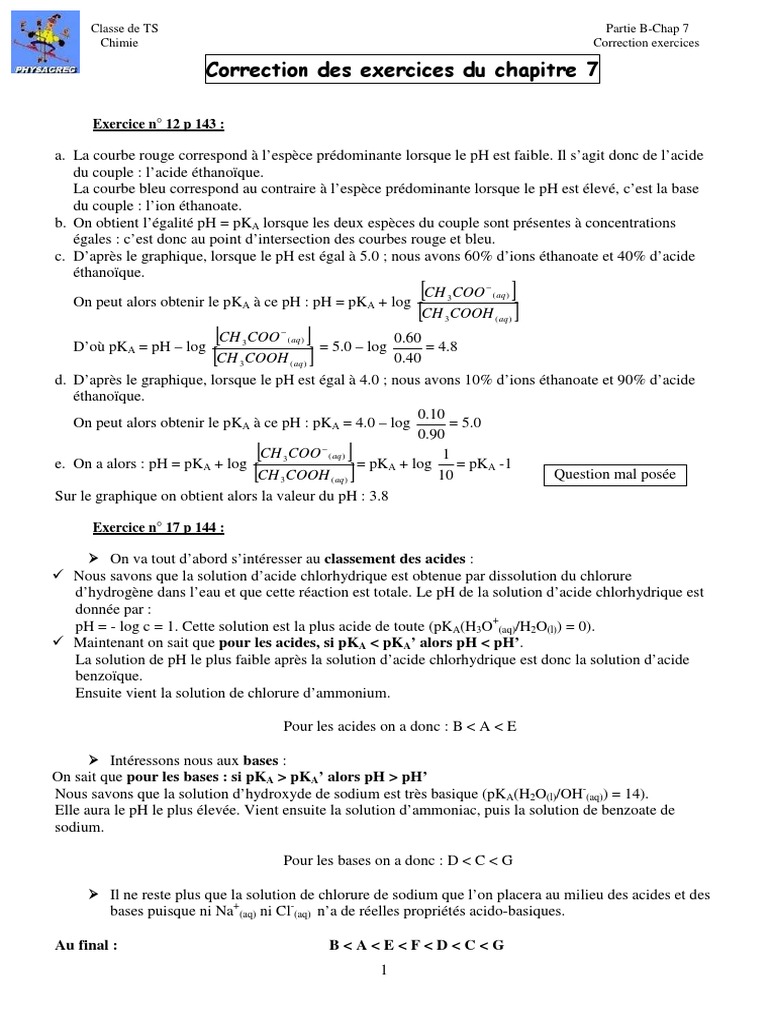 Solution Acide Et Basique 3ème Exercice Corrigé Correction Des Exercices Du Chapitre 7: Exercice N° 12 P 143 | PDF | Acide  | Constante d'acidité