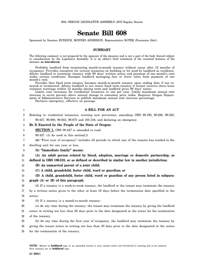 Oregon Senate Bill 608 Leasehold Estate Landlord