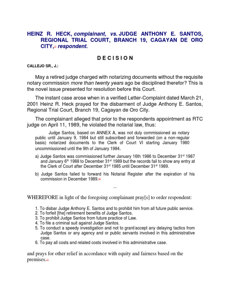 Heinz R. Heck, Complainant, vs. Judge Anthony E. Santos, Regional Trial Court, Branch 19