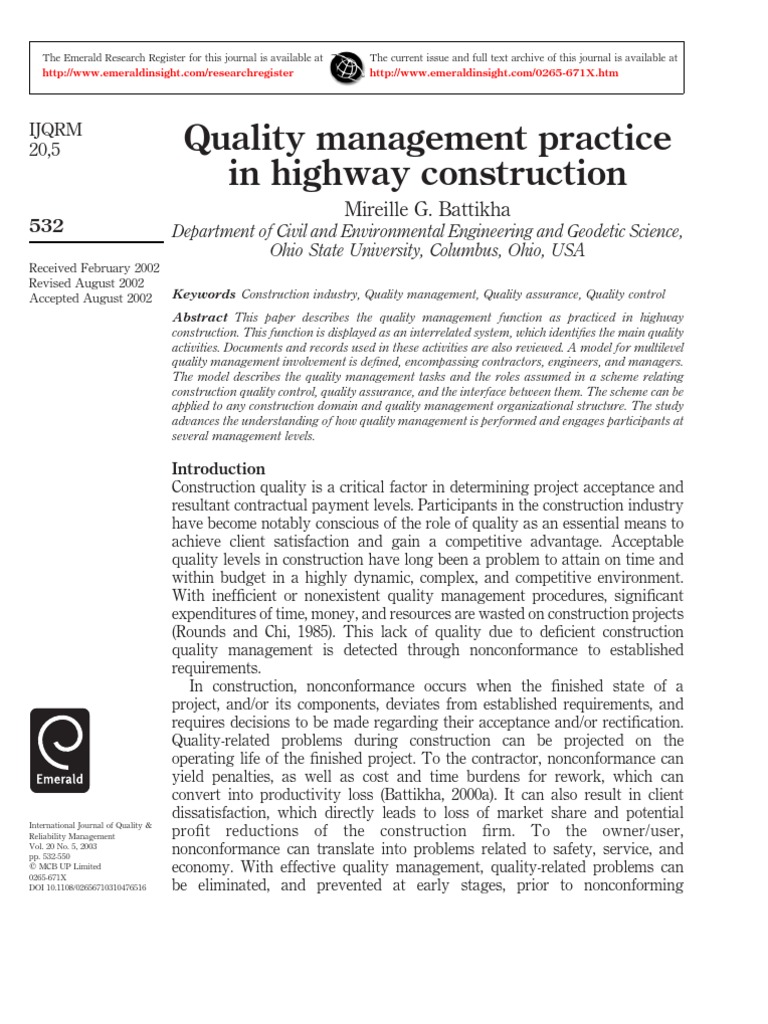 Quality Management in Highway Construction | PDF | Quality Assurance ...