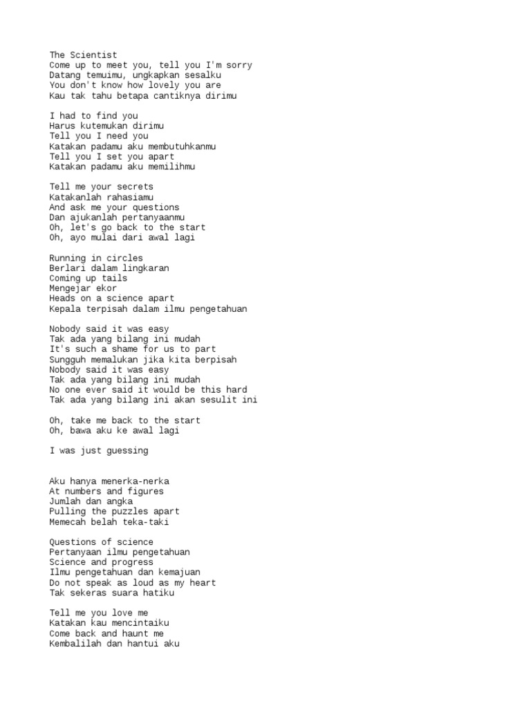 Lirik Lagu The Scientist