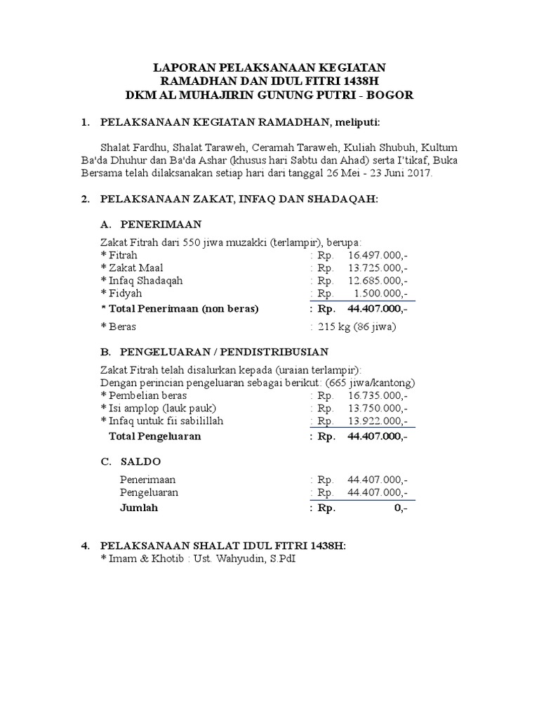 Laporan Pelaksanaan Kegiatan Ramadhan Dan Idul Fitri 1438h Dkm Al Muhajirin Gunung Putri Bogor