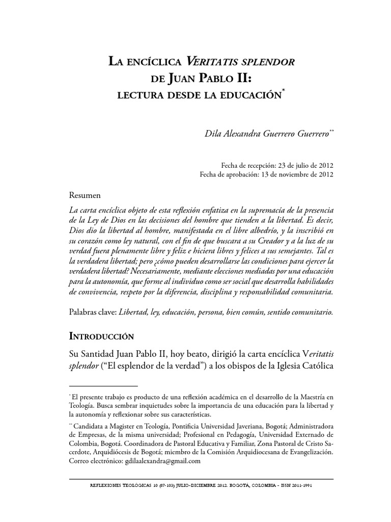Lectura de Veritatis Splendor de Juan Pablo II Desde La Educación PDF ...