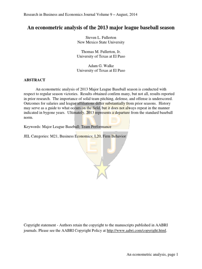 An Econometric Analysis of The 2013 MLB Season - WS | PDF | Errors And ...