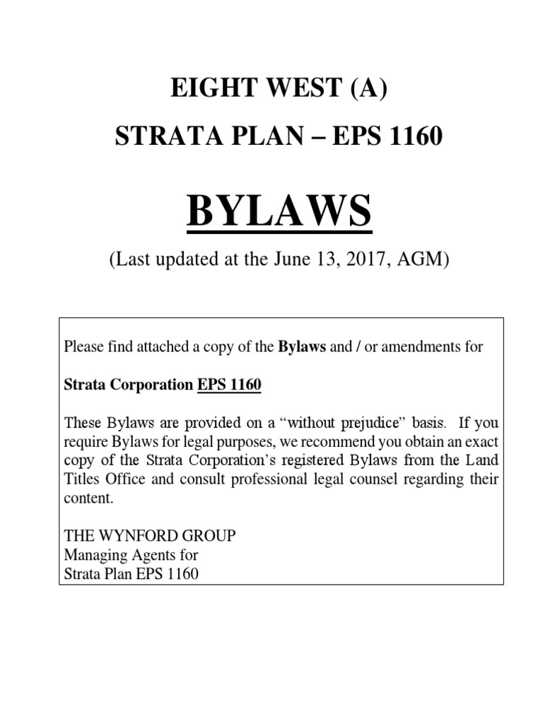 Bylaws: Eight West (A) Strata Plan - Eps 1160 | PDF | Proxy Voting | Voting