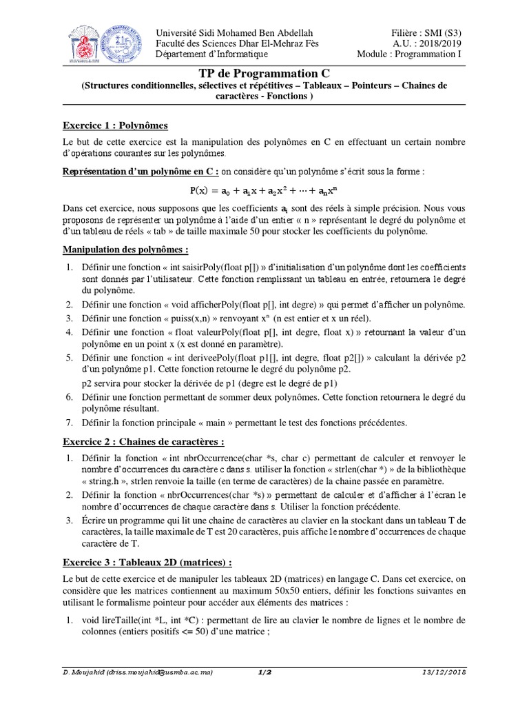 TP Programmation C : Polynômes et Matrices | PDF | C (Langage de ...
