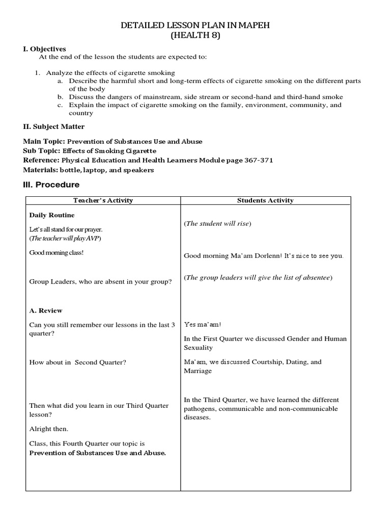 Detailed Lesson Plan In Substance Use And Abuse Cigarettes Cigarette Tobacco Smoking