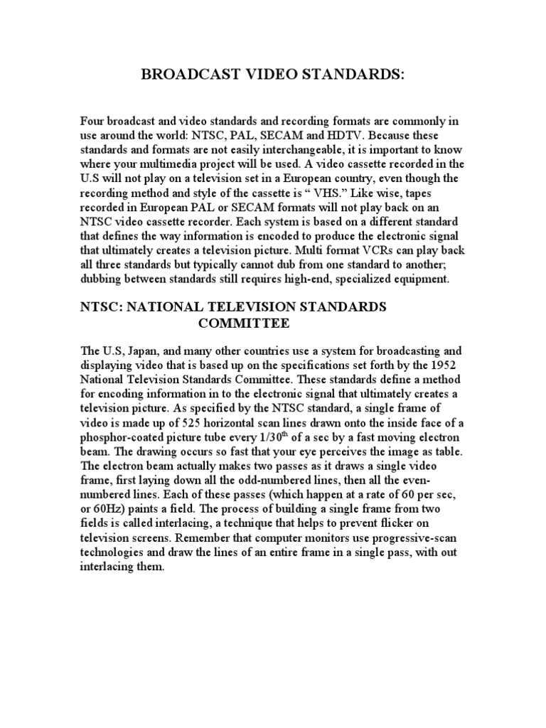 Broadcast Video Standards PDF Video High Definition Television