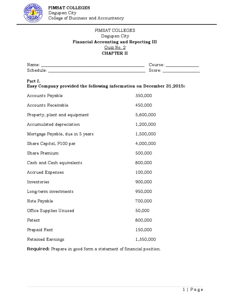 Chapter II Quiz No. 2 PDF Retained Earnings Dividend