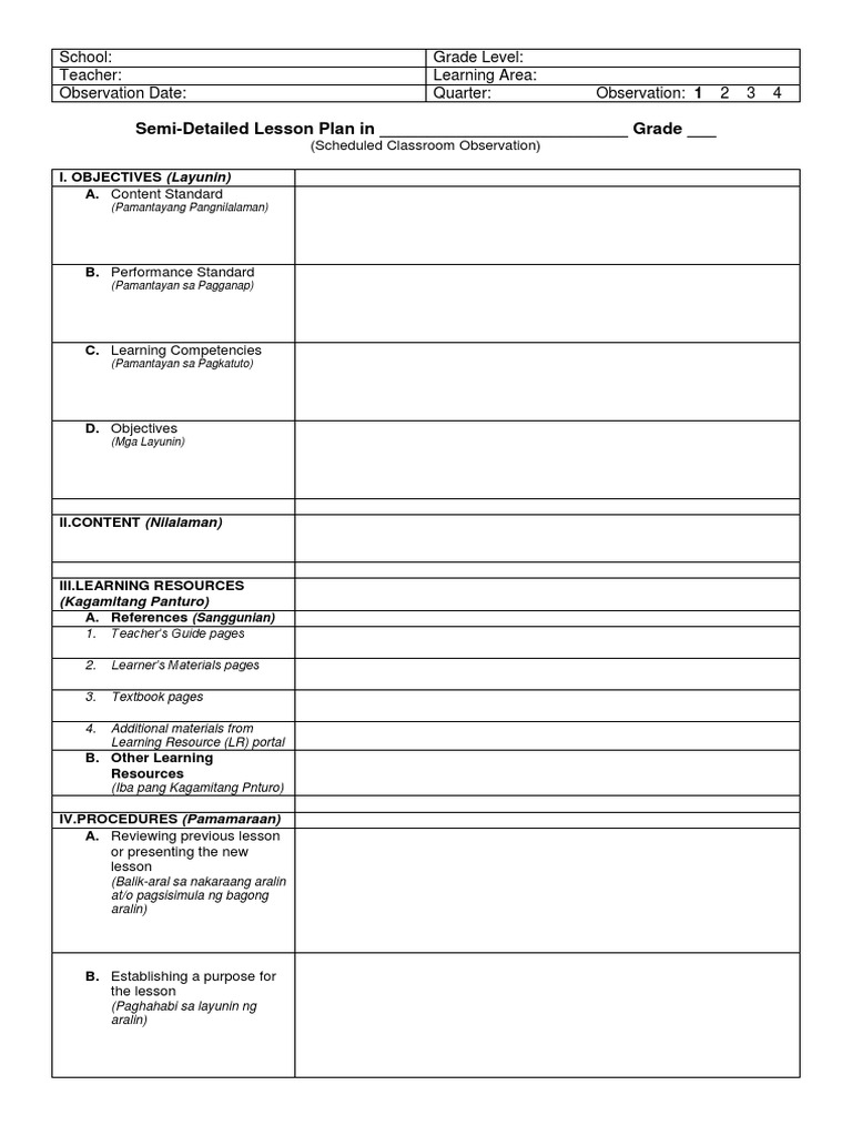 Semi-Detailed Lesson Plan Template | PDF | Lesson Plan | Applied Psychology