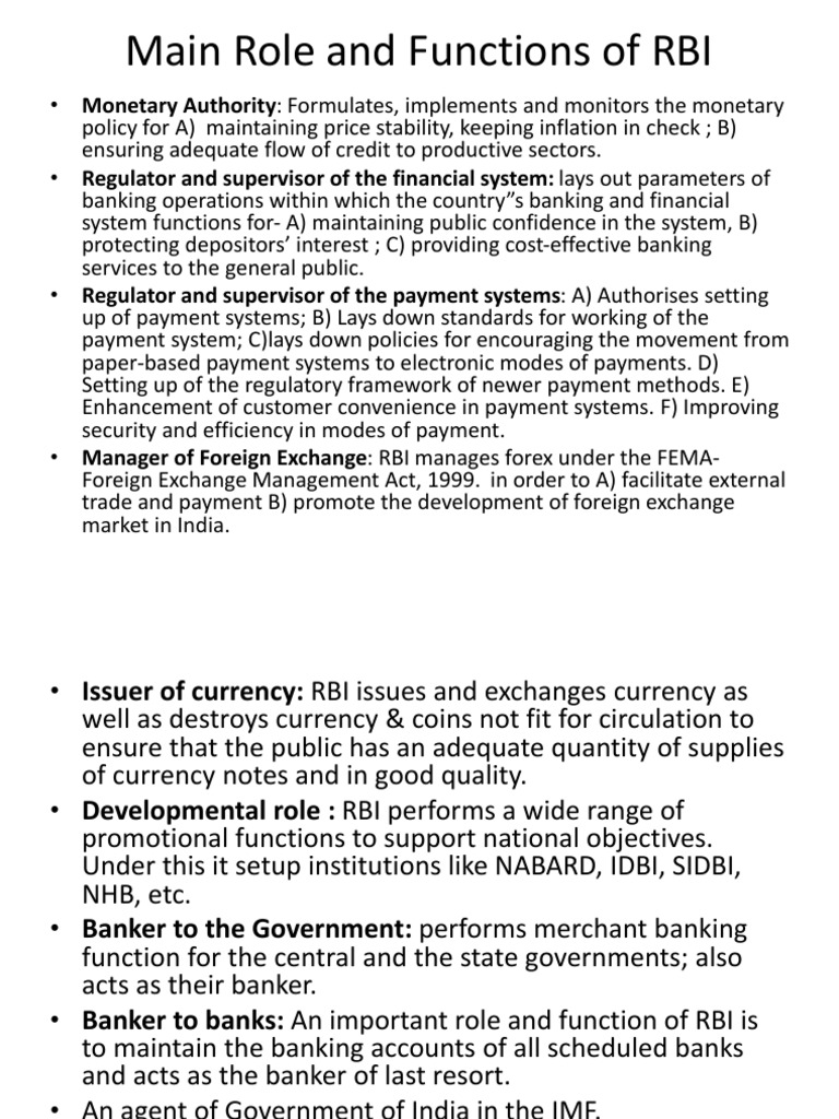 Main Role and Functions of RBI | PDF | Reserve Bank Of India | Central ...
