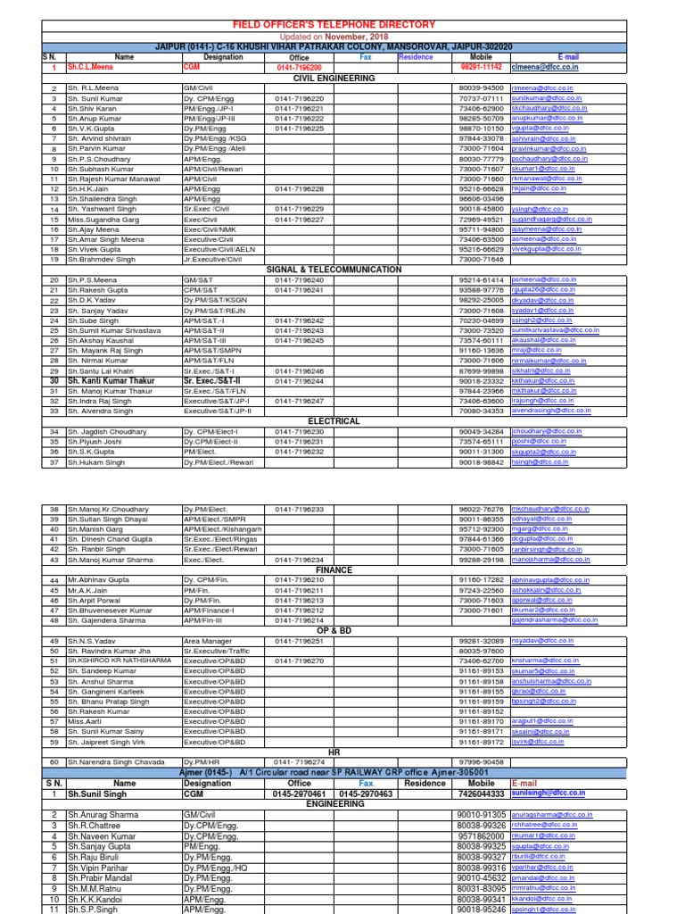 DFCCIL Contact Directory 2018 | PDF