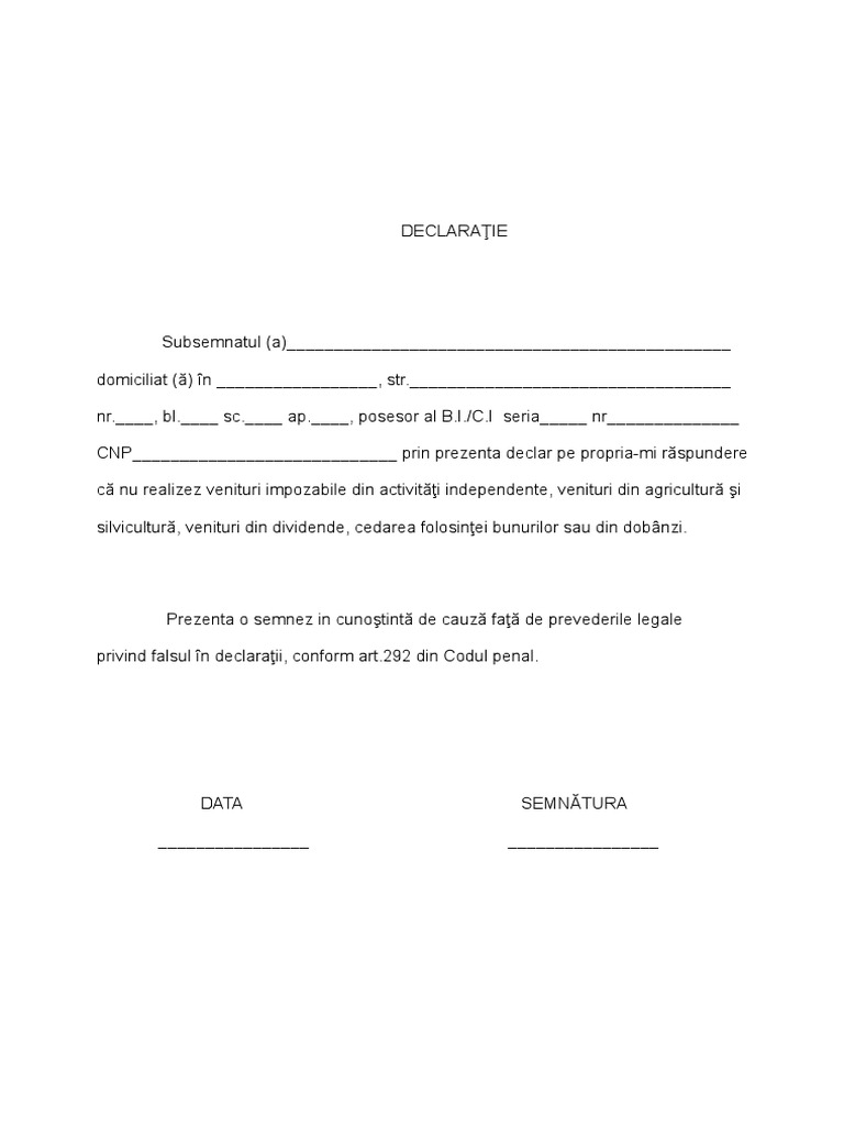 Declaratie Persoana Fara Venit